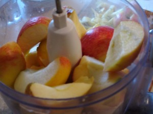 Apple slices and lemon inside food processor